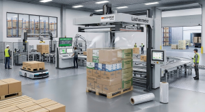 Automatic stretch hooding machine applying 100% LLDPE stretch hood film onto a pallet load for 5-sided transit protection