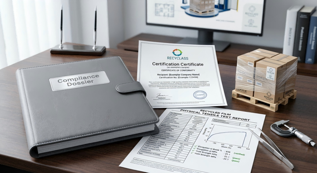 B2B procurement compliance dossier including RecyClass scope certificate, stretch film lab test report, and pallet wrapping parameters
