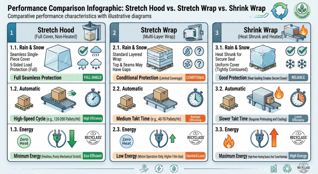 Comparison chart between stretch hood film, stretch wrap, and thermal shrink film for industrial pallet packaging