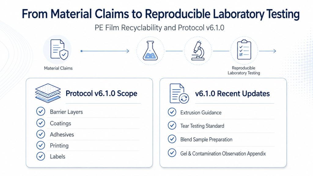Diagram outlining RecyClass v6.1.0 protocol scope and recent testing updates for flexible PE packaging