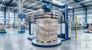 High-speed automatic stretch wrapping machine applying certified PCR stretch film onto export pallet in a modern warehouse