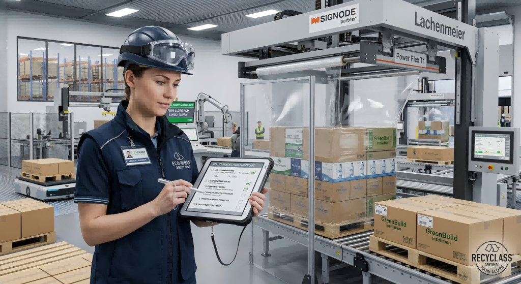 Packaging engineer completing an operational checklist for stretch hood film selection next to an automated pallet wrapping line.