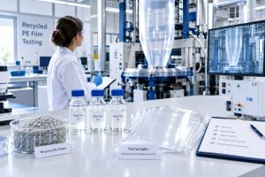 Polymer research laboratory technician evaluating recycled PE film blowing quality according to RecyClass testing protocols